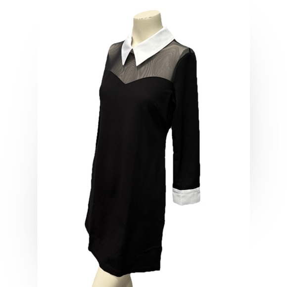 Boston Proper Black Sheer Mesh Panel Dress White Collar Cuffs Size 10 - Picture 2 of 11